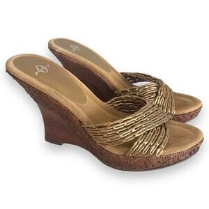 Y2K Joey O Metallic Woven Wedge Sandals Wood Wicker Sz 7.5 7-1/2 Shoes Heels